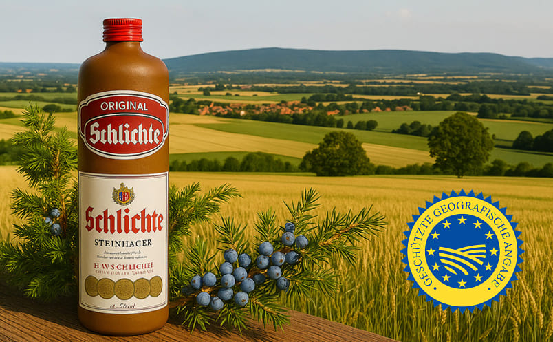 Steinhäger – Spirituose mit geografischer Angabe aus Deutschland Steinhaeger vor Steinhager Landschaft