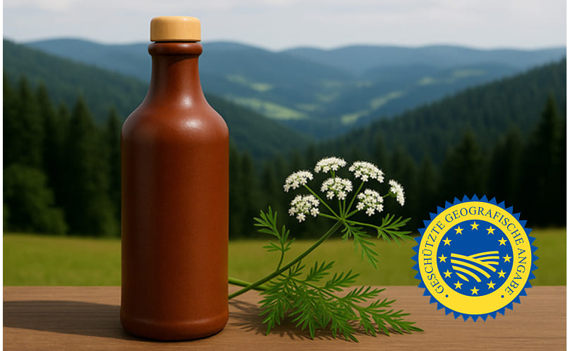 Bärwurz – Spirituose mit geschützter geografischer Angabe aus Deutschland Bärwurzflasche neben Bärwurz vor Schwarzwald