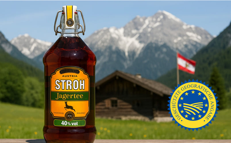 Jagertee - Spirituose mit geografischer Angabe aus Österreich Jagertee vor Alpen- und Hüttenhintergrund