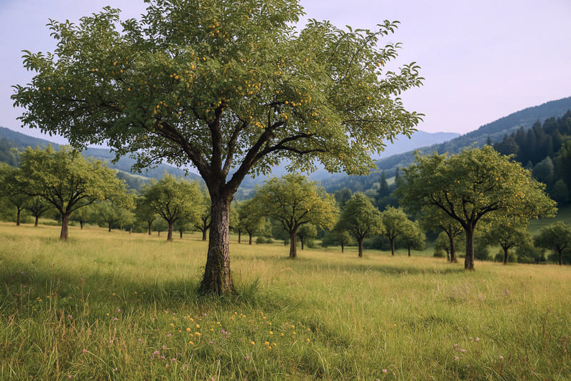 Hochstamm-Mirabellenbäumen auf einer Streuobstwiese