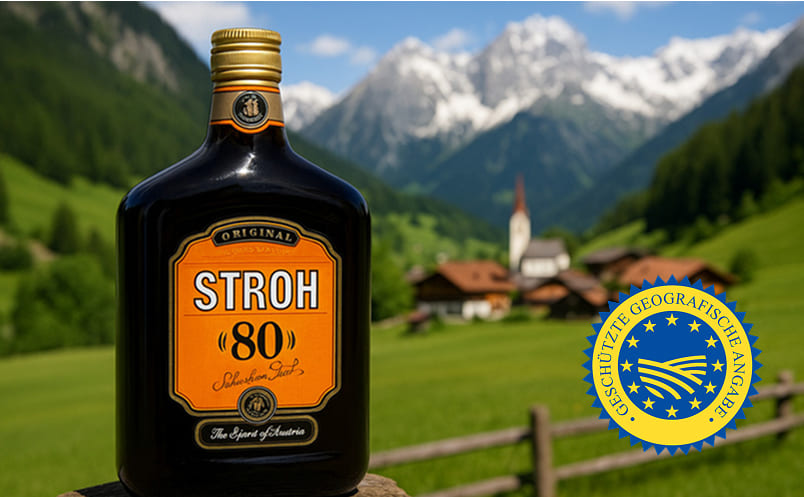 Inländerrum - Spirituose mit geografischer Angabe aus Österreich Stroh 80 Inländerrum vor Alpenhintergrund